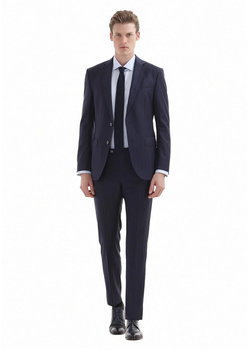 Navy Blue Striped Modern Fit 100% Wool Suit - 1