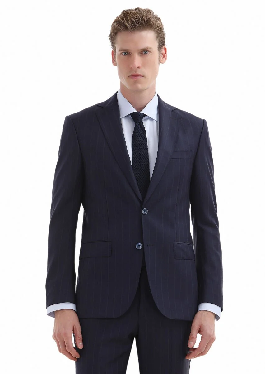 Navy Blue Striped Modern Fit 100% Wool Suit - 2