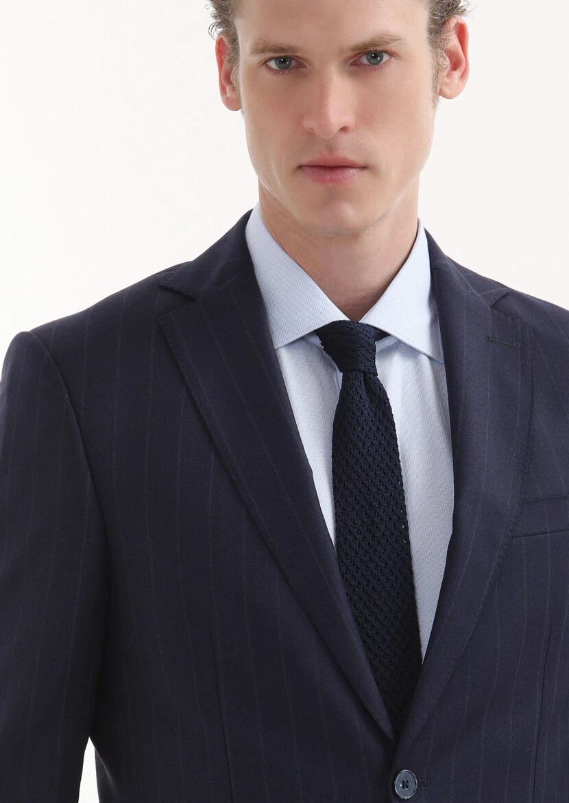 Navy Blue Striped Modern Fit 100% Wool Suit - 3