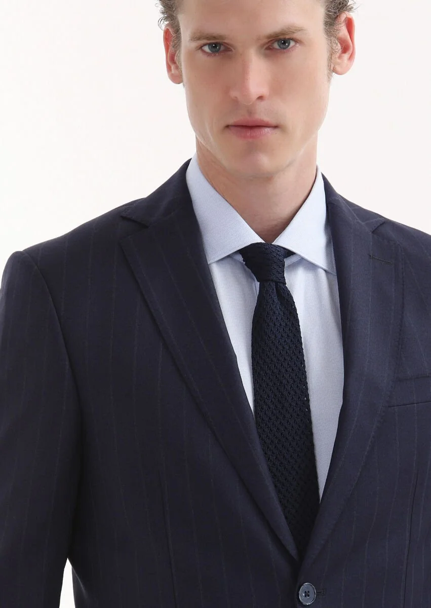 Navy Blue Striped Modern Fit 100% Wool Suit - 3