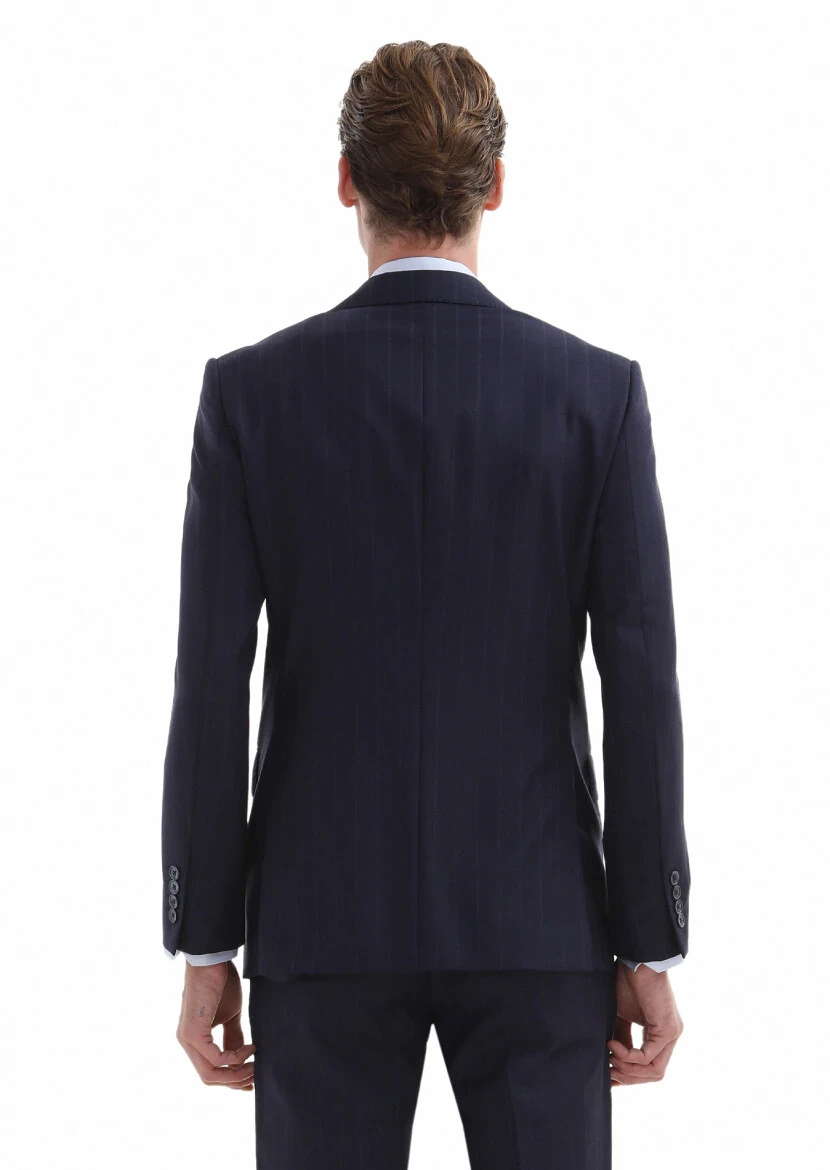 Navy Blue Striped Modern Fit 100% Wool Suit - 5