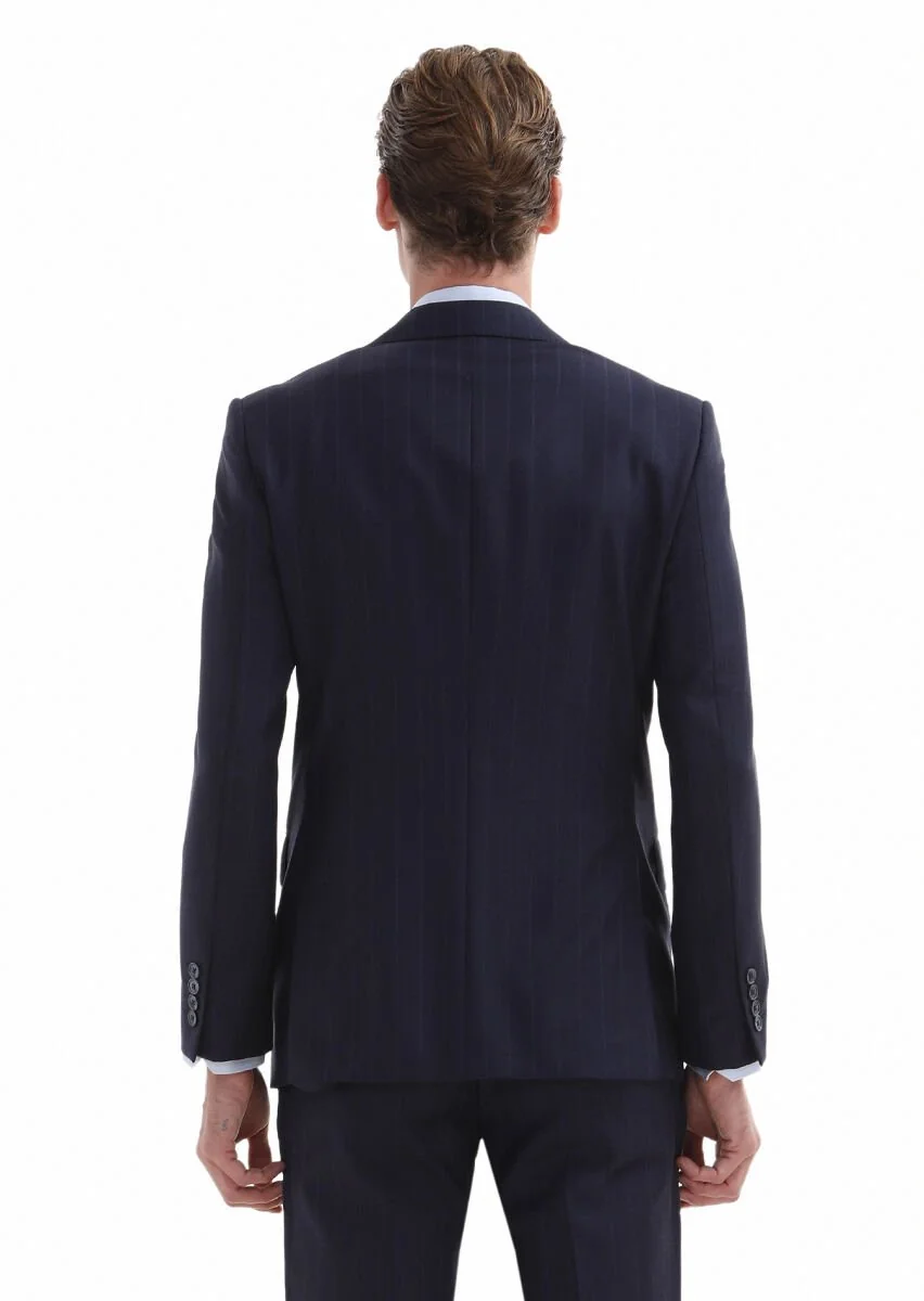 Navy Blue Striped Modern Fit 100% Wool Suit - 5