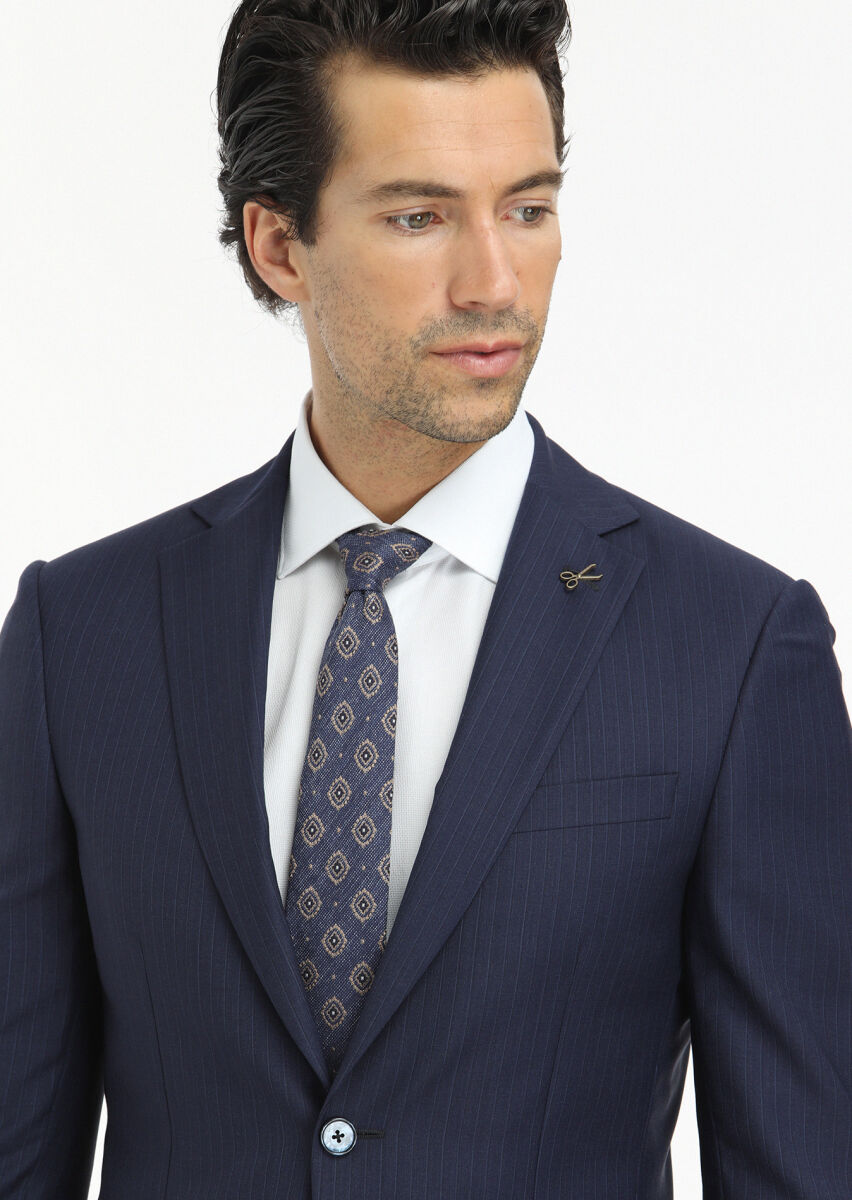Navy Blue Striped Modern Fit 100% Wool Suit - 3