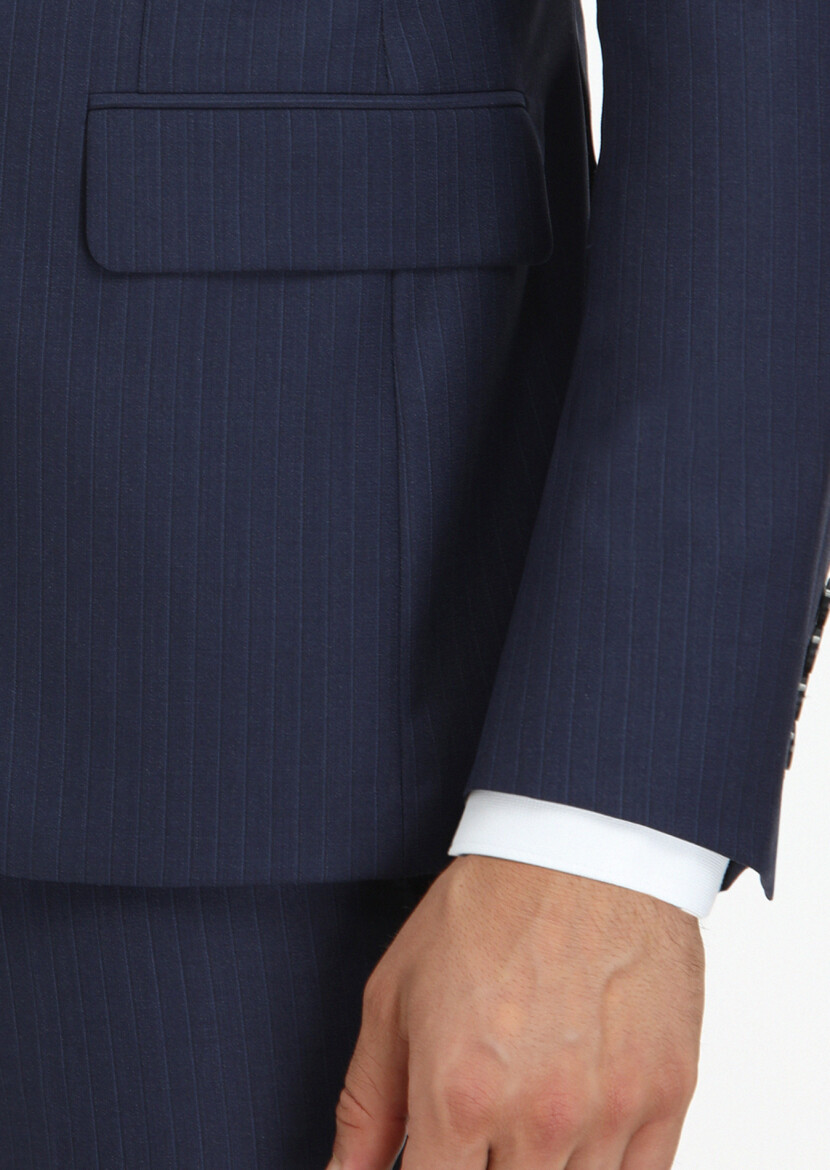 Navy Blue Striped Modern Fit 100% Wool Suit - 4