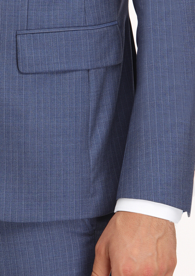 Navy Blue Striped Modern Fit 100% Wool Suit - 5