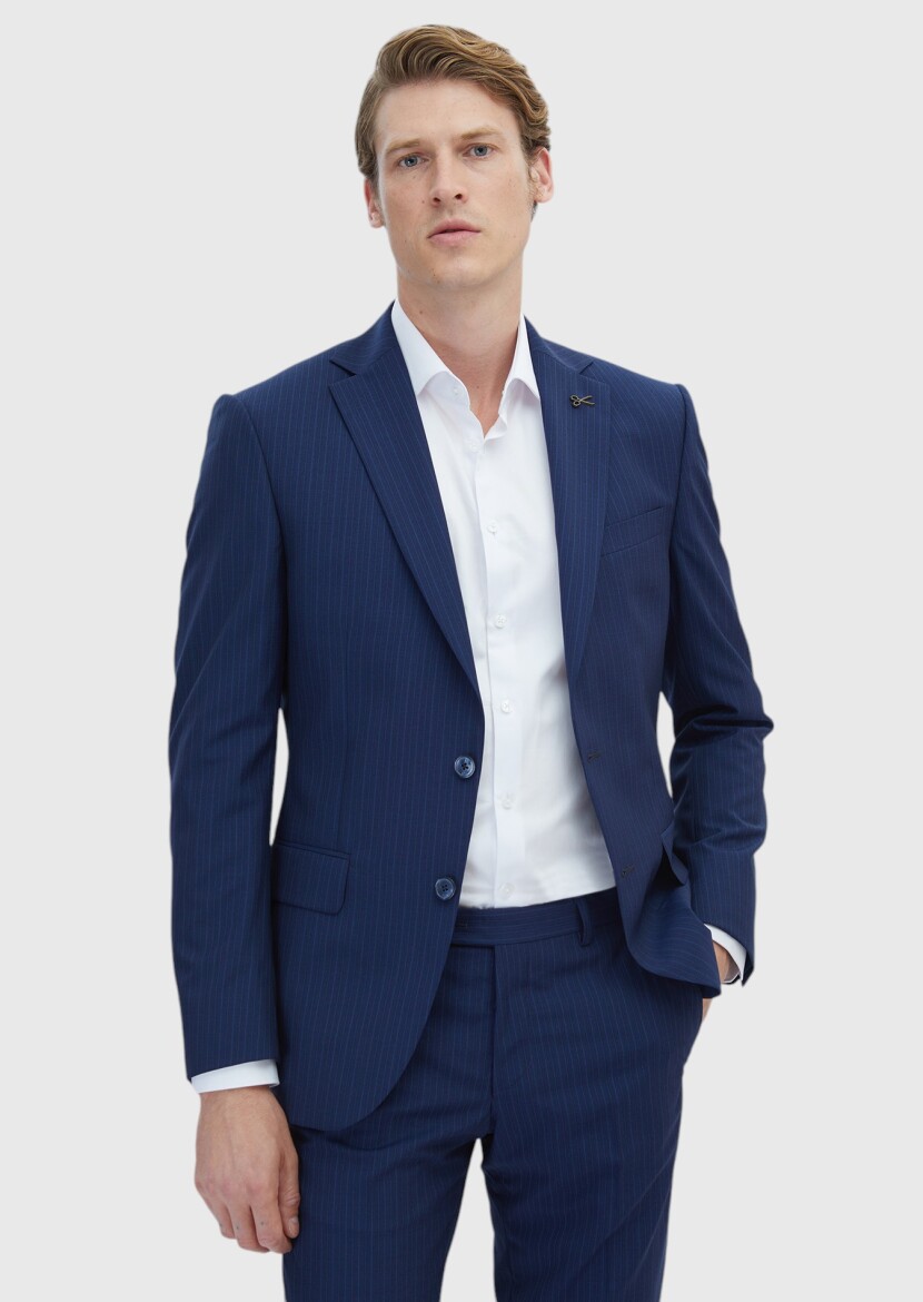 Navy Blue Striped Modern Fit 100% Wool Suit - 3