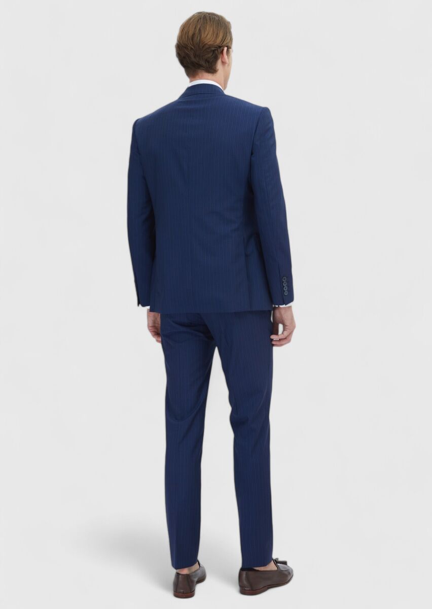 Navy Blue Striped Modern Fit 100% Wool Suit - 6