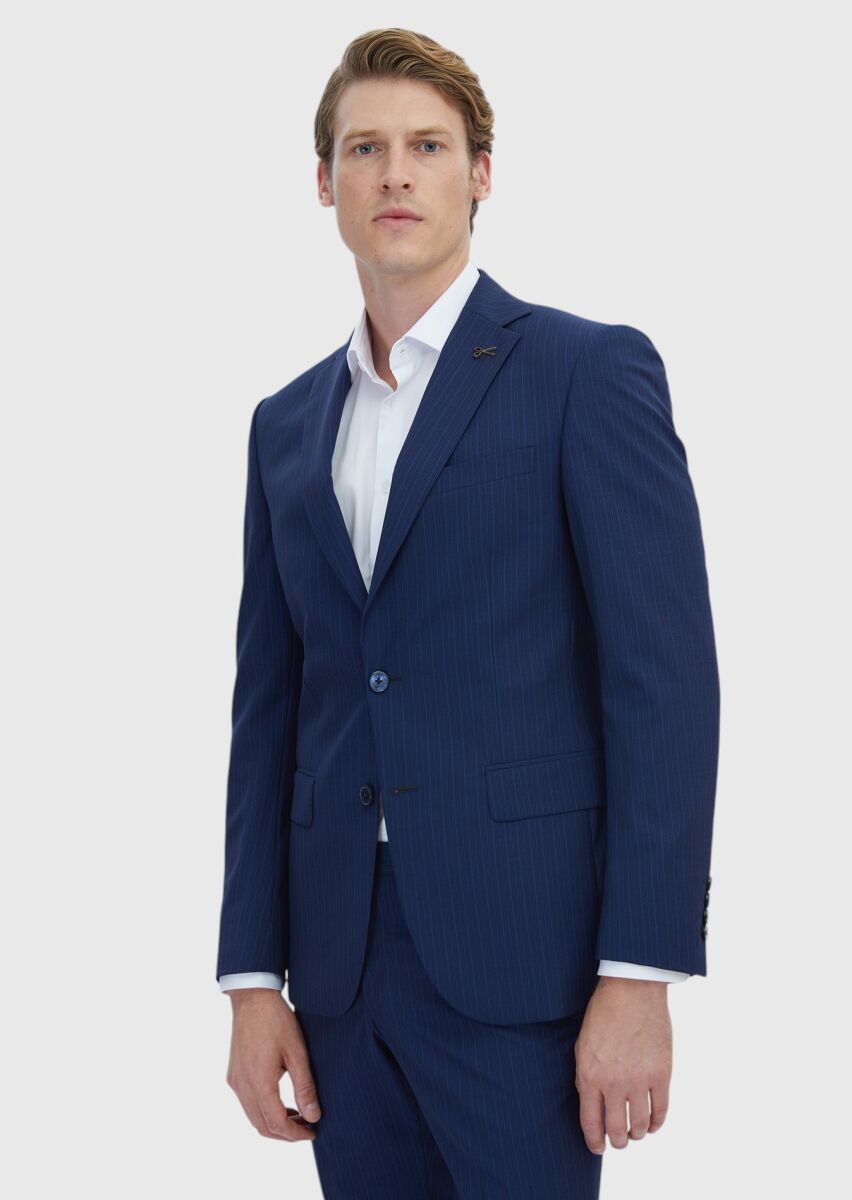 Navy Blue Striped Modern Fit 100% Wool Suit - 1