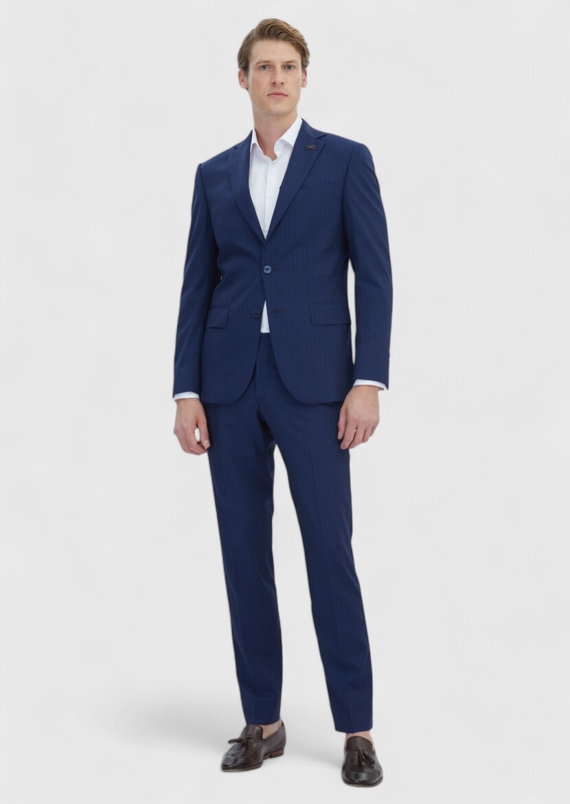 Navy Blue Striped Modern Fit 100% Wool Suit - 2