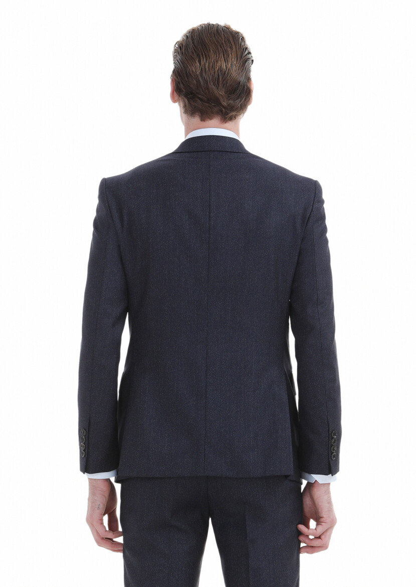 Navy Blue Striped Modern Fit 100% Wool Suit - 4