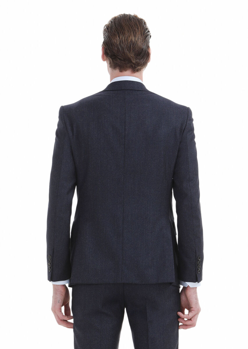 Navy Blue Striped Modern Fit 100% Wool Suit - 4