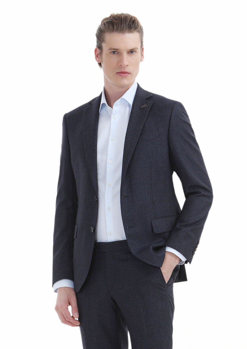 Navy Blue Striped Modern Fit 100% Wool Suit - 2