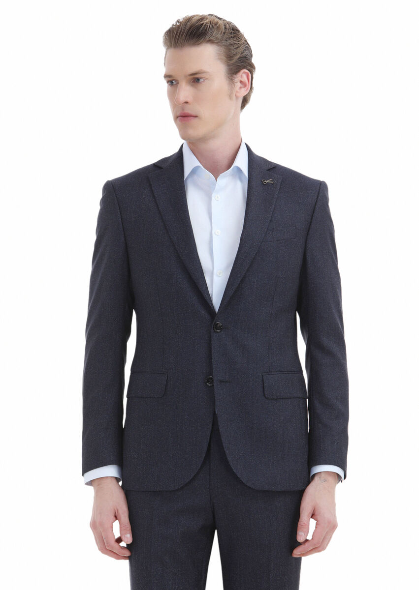 Navy Blue Striped Modern Fit 100% Wool Suit - 3