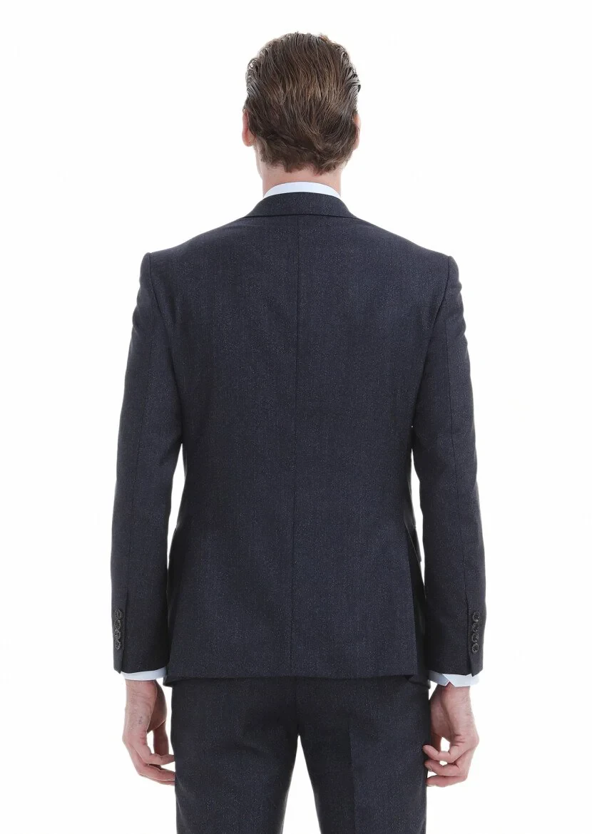 Navy Blue Striped Modern Fit 100% Wool Suit - 6