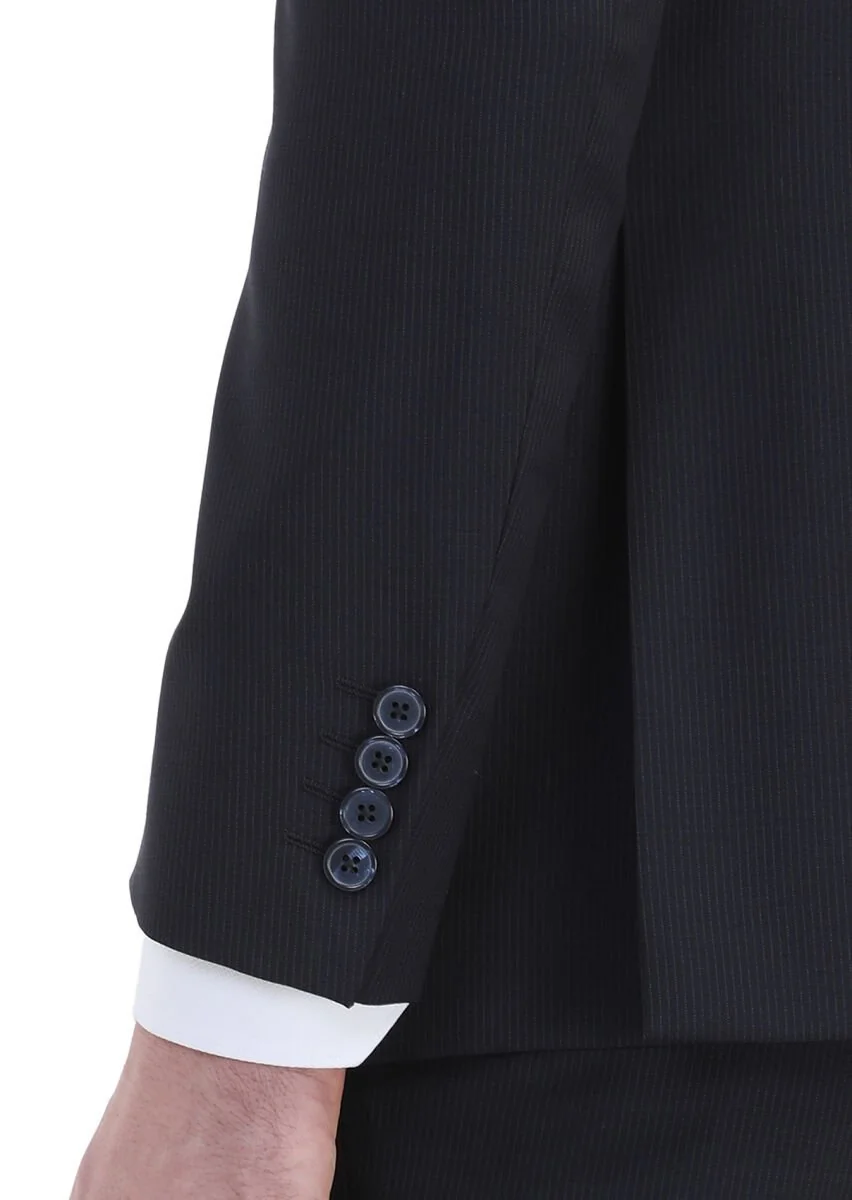 Navy Blue Striped Modern Fit 100% Wool Suit - 5