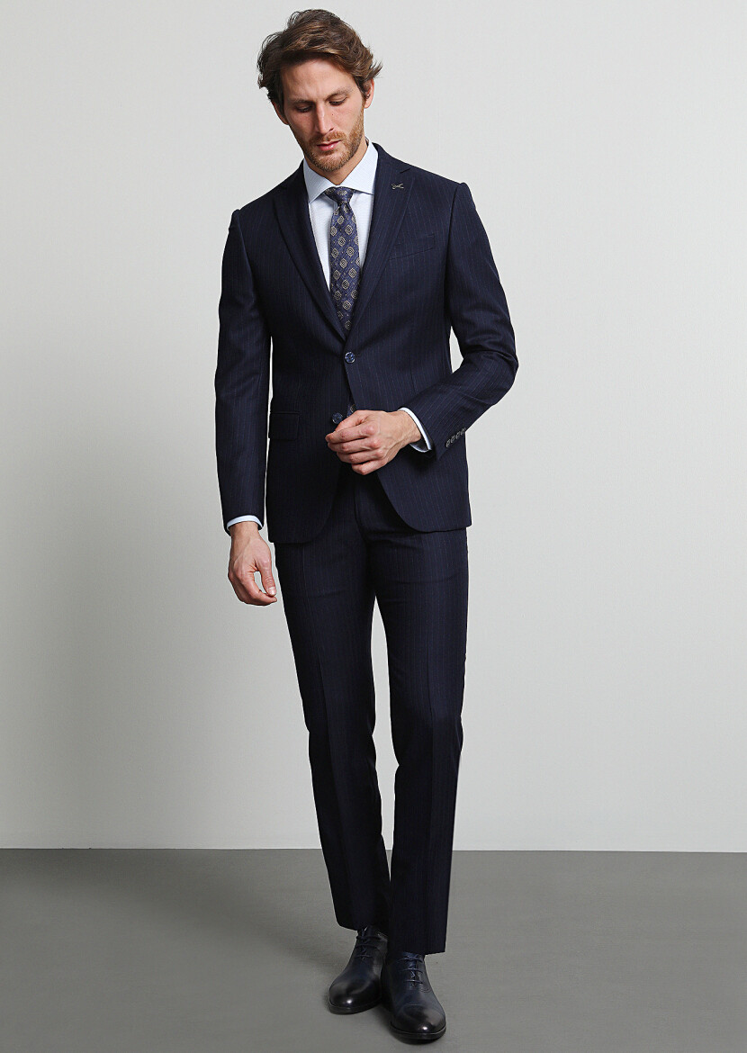Navy Blue Striped Modern Fit Wool Blended Suit - 2