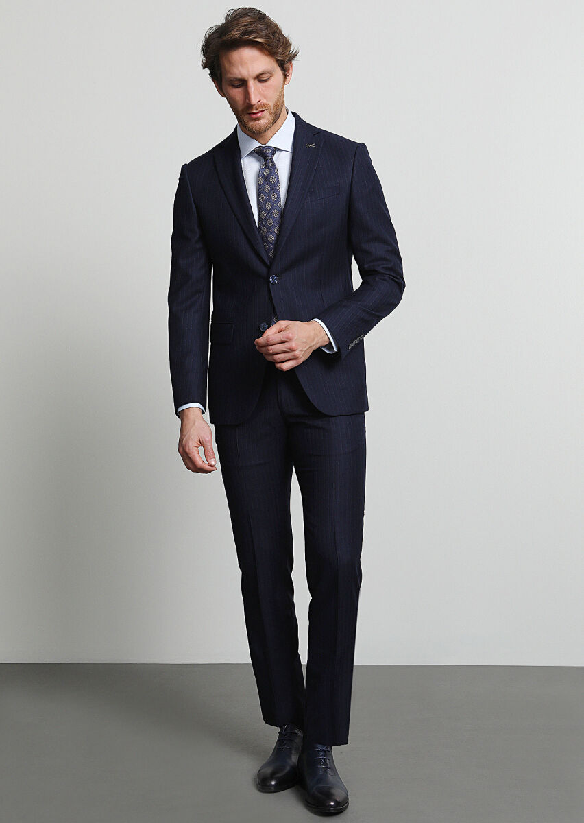 Navy Blue Striped Modern Fit Wool Blended Suit - 2