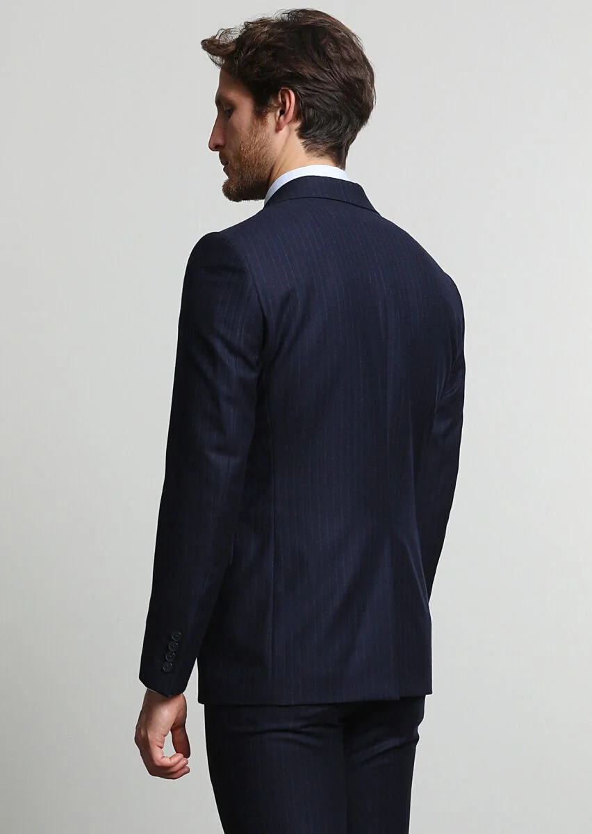 Navy Blue Striped Modern Fit Wool Blended Suit - 4