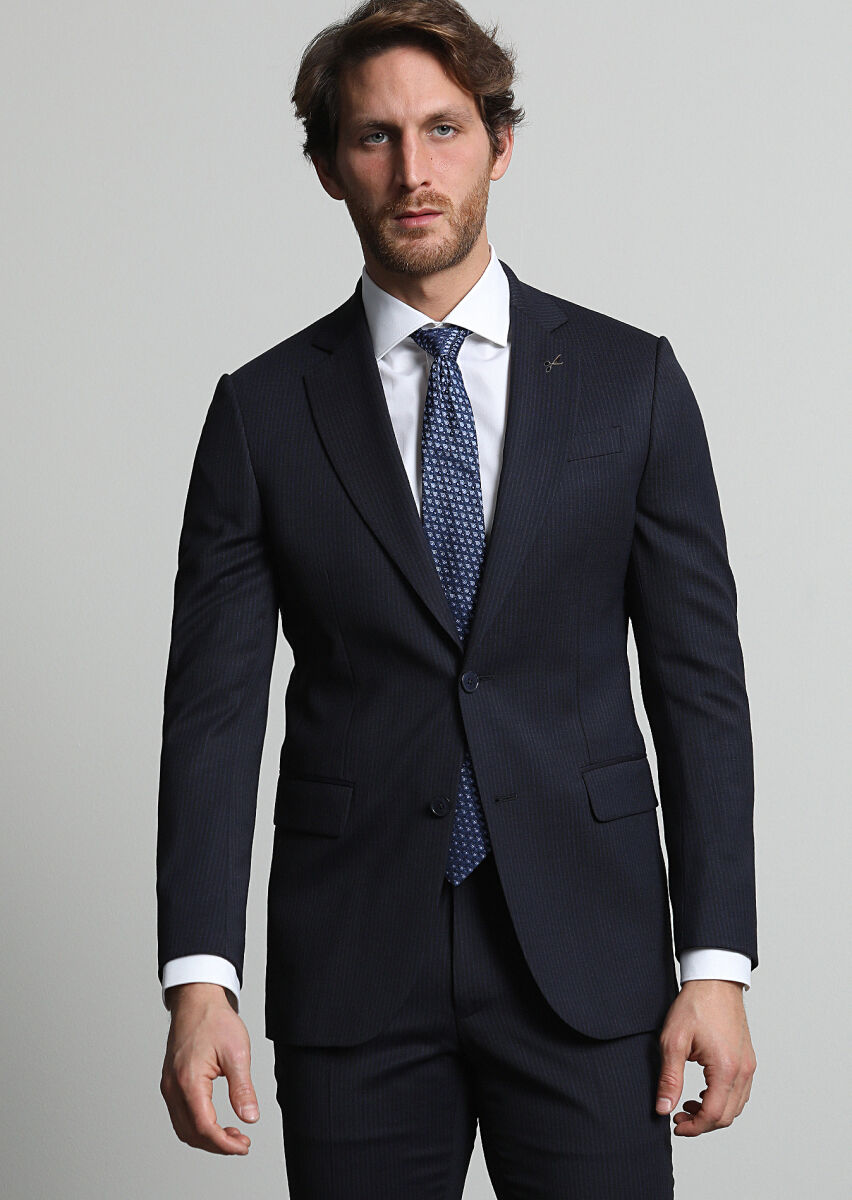 Navy Blue Striped Modern Fit Wool Blended Suit - 2