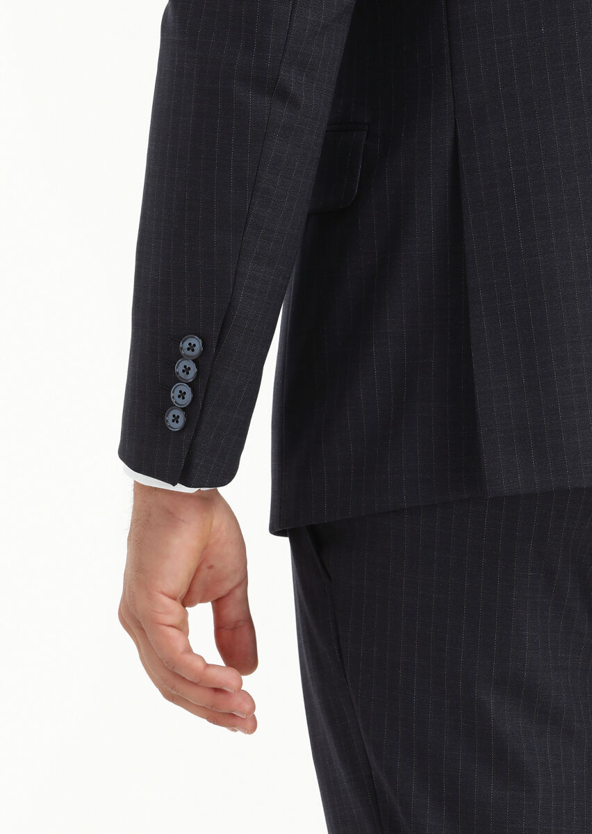 Navy Blue Striped Modern Fit Wool Blended Suit - 3