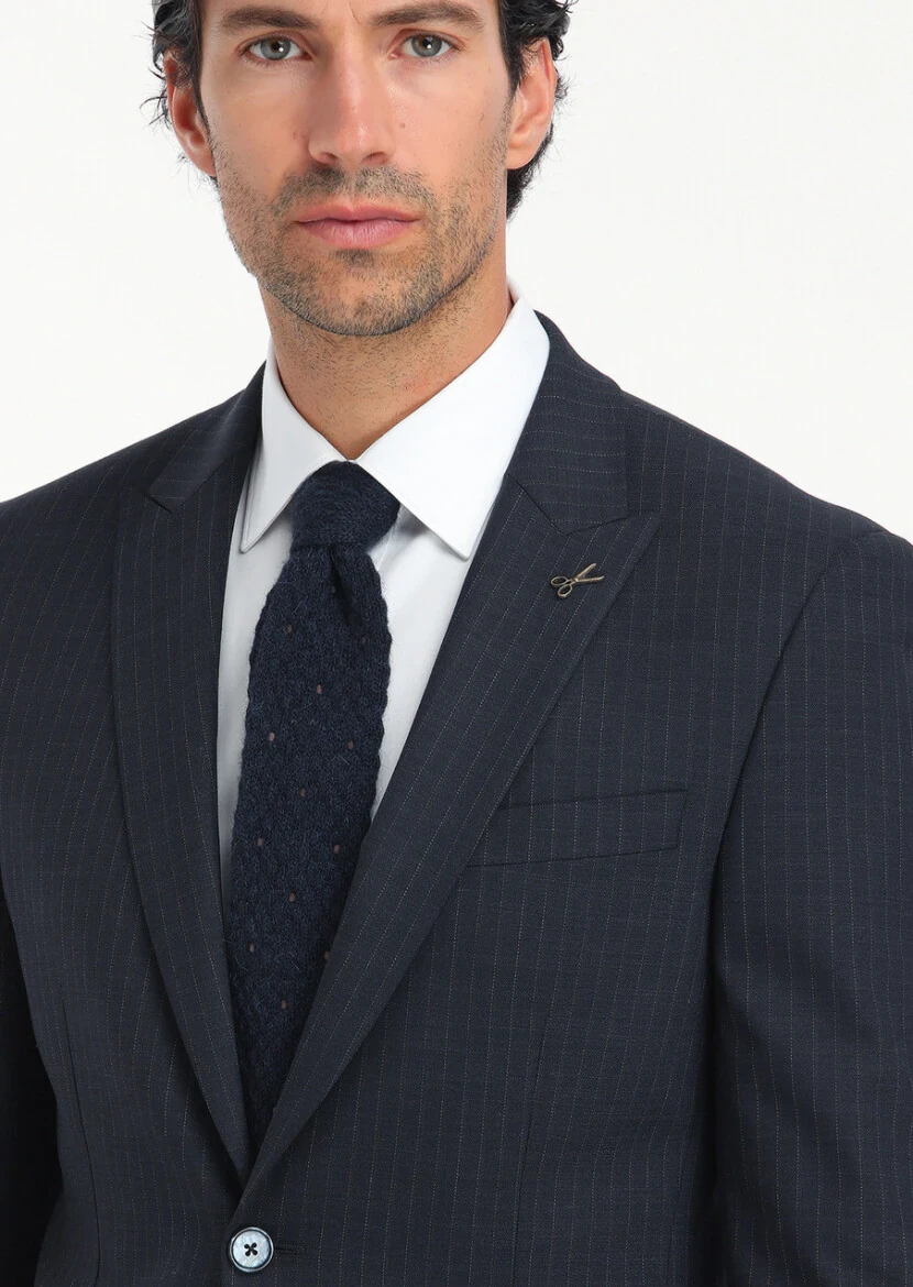 Navy Blue Striped Modern Fit Wool Blended Suit - 3