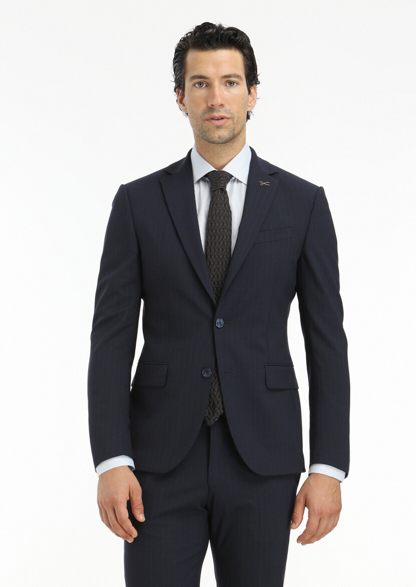Navy Blue Striped Modern Fit Wool Blended Suit - 2