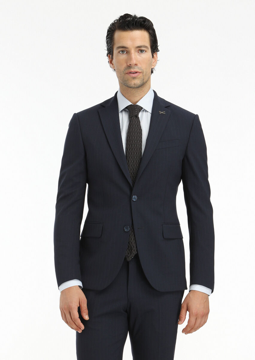 Navy Blue Striped Modern Fit Wool Blended Suit - 2