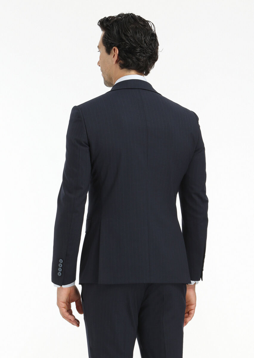 Navy Blue Striped Modern Fit Wool Blended Suit - 8