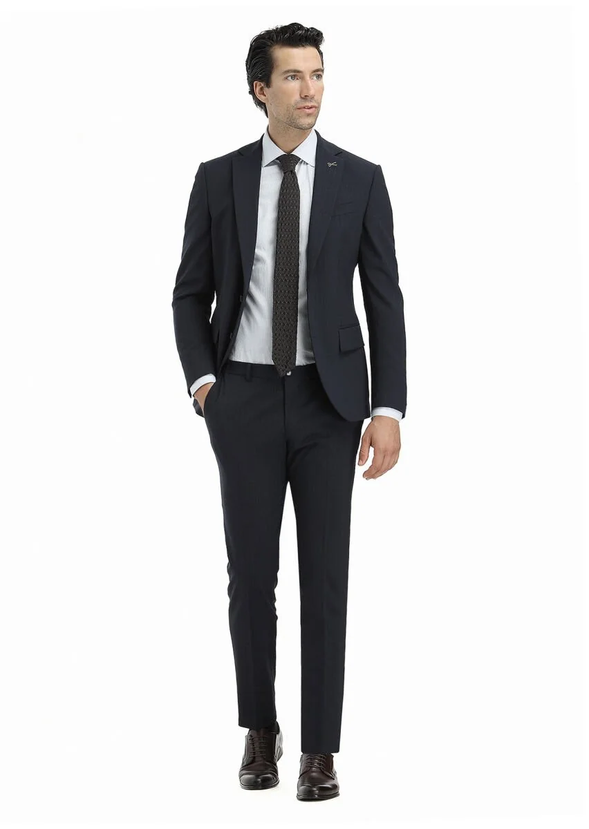 Navy Blue Striped Modern Fit Wool Blended Suit - 1