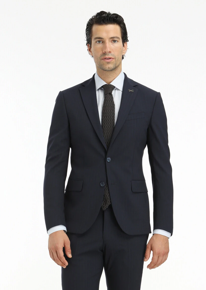 Navy Blue Striped Modern Fit Wool Blended Suit - 2