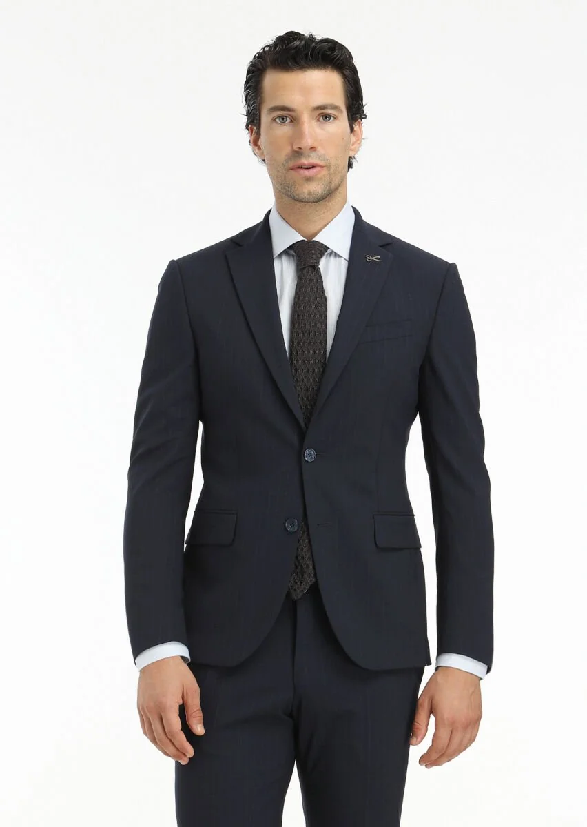 Navy Blue Striped Modern Fit Wool Blended Suit - 2