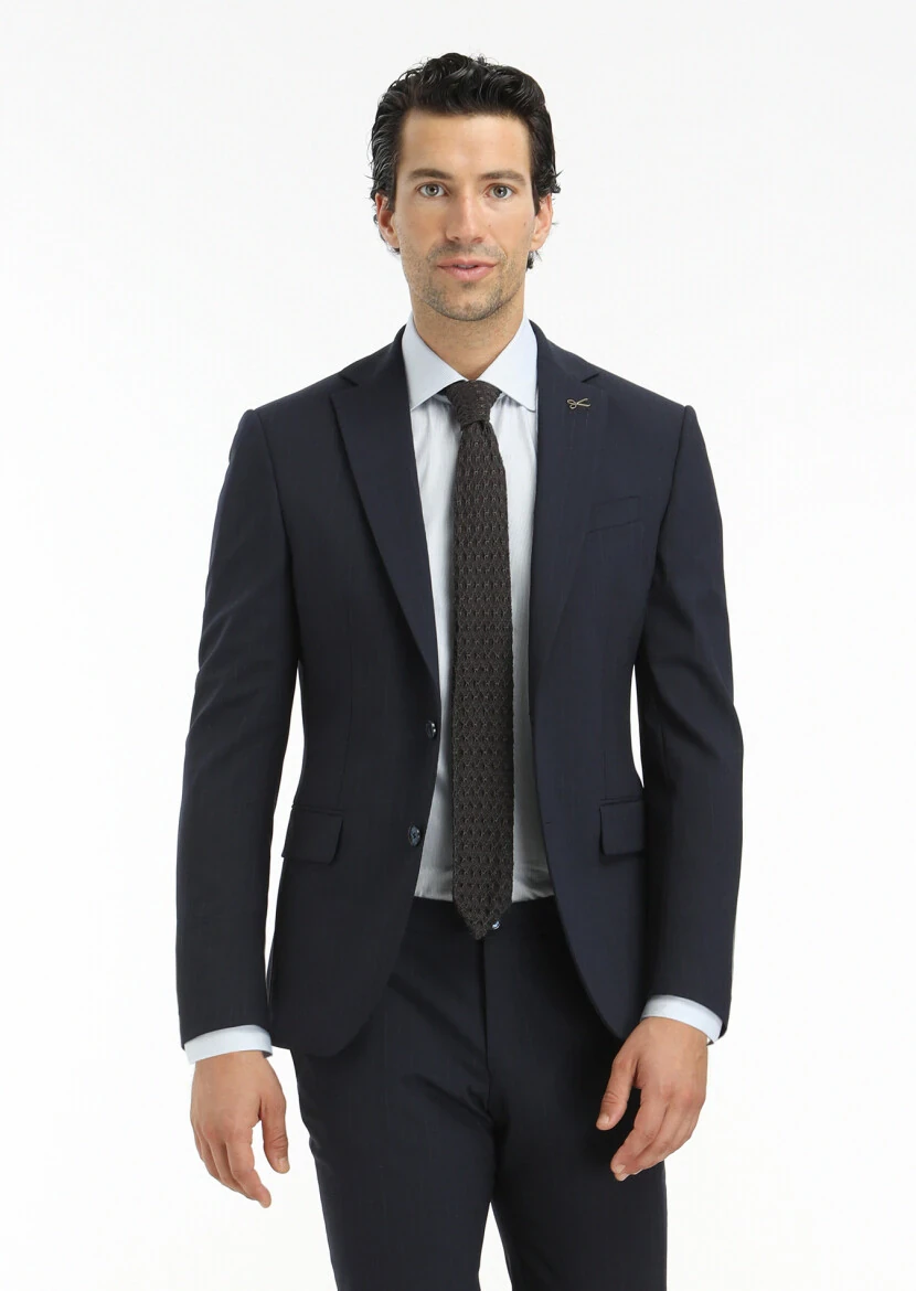 Navy Blue Striped Modern Fit Wool Blended Suit - 3