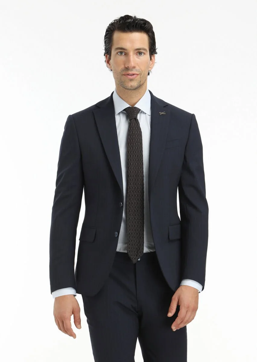 Navy Blue Striped Modern Fit Wool Blended Suit - 3