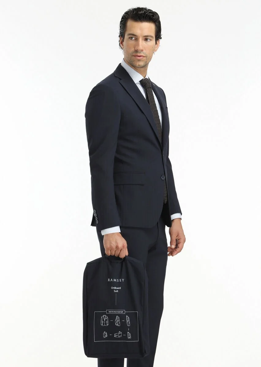 Navy Blue Striped Modern Fit Wool Blended Suit - 4