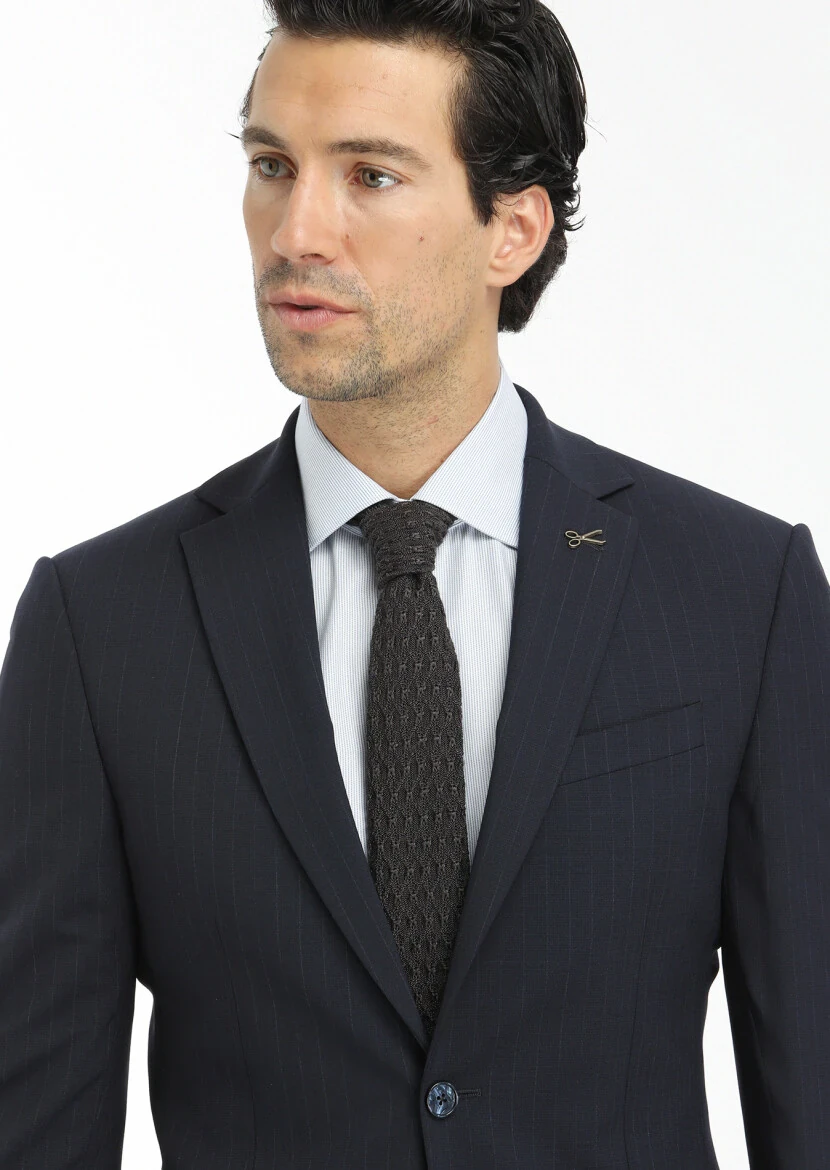Navy Blue Striped Modern Fit Wool Blended Suit - 5