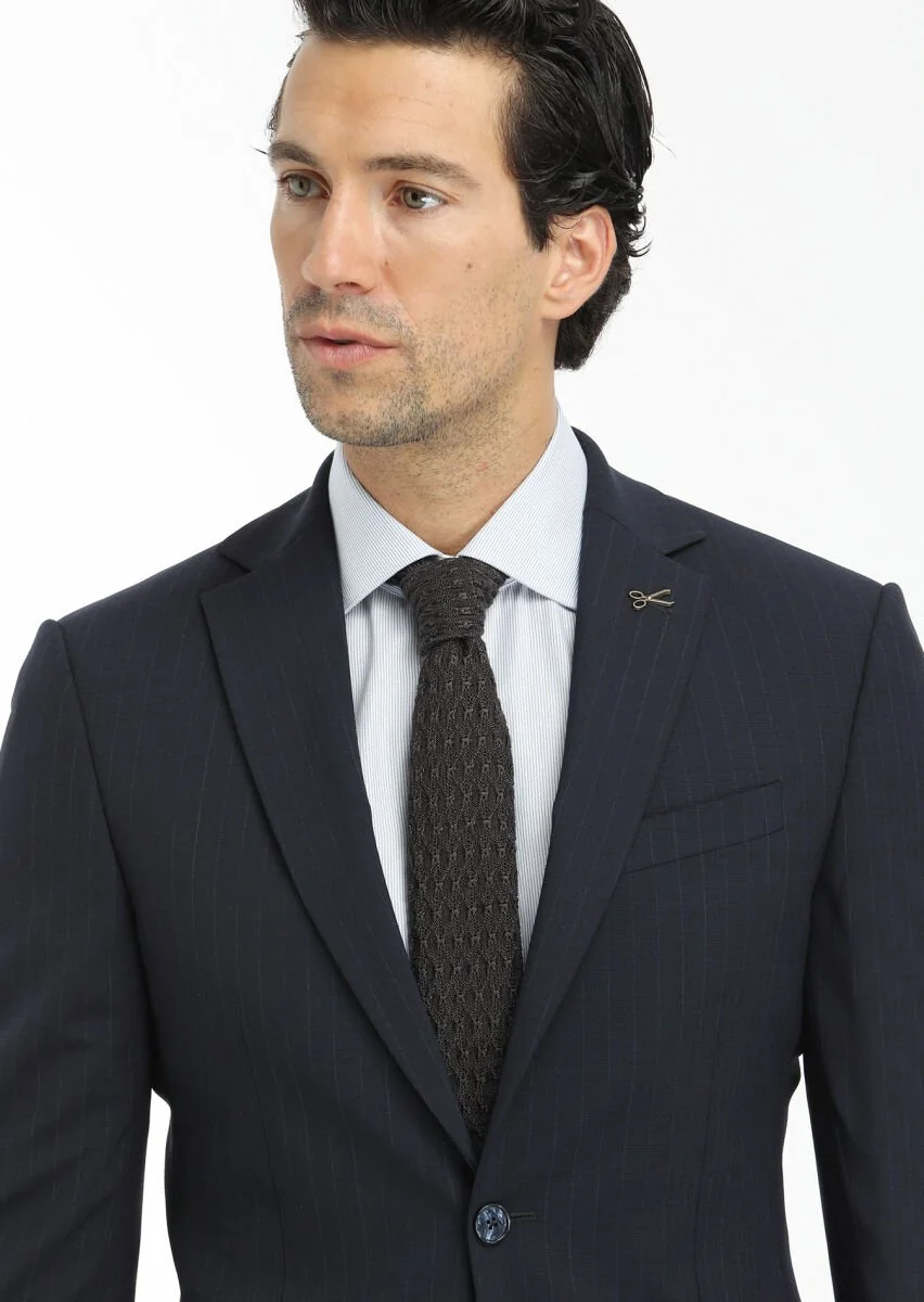 Navy Blue Striped Modern Fit Wool Blended Suit - 5