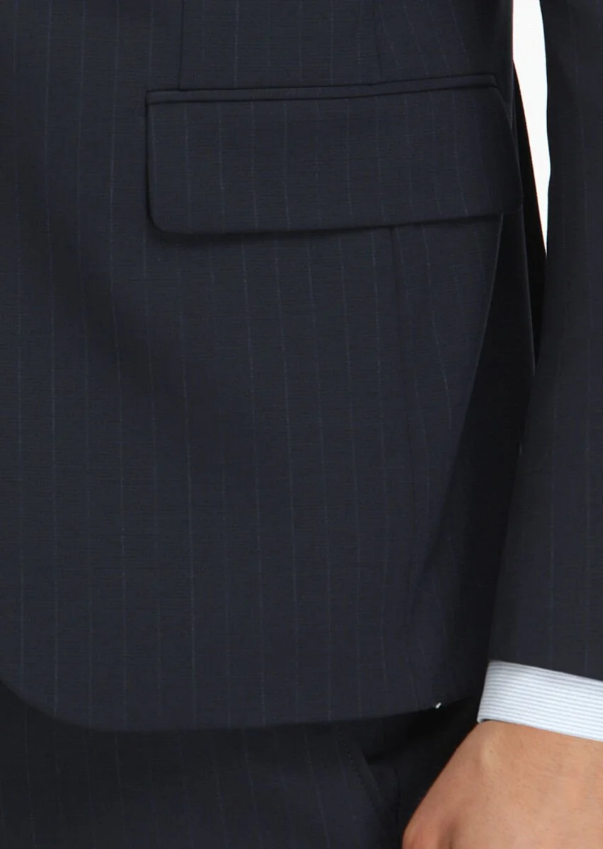 Navy Blue Striped Modern Fit Wool Blended Suit - 6