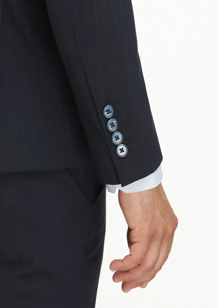 Navy Blue Striped Modern Fit Wool Blended Suit - 7