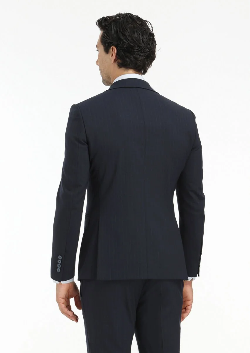 Navy Blue Striped Modern Fit Wool Blended Suit - 8