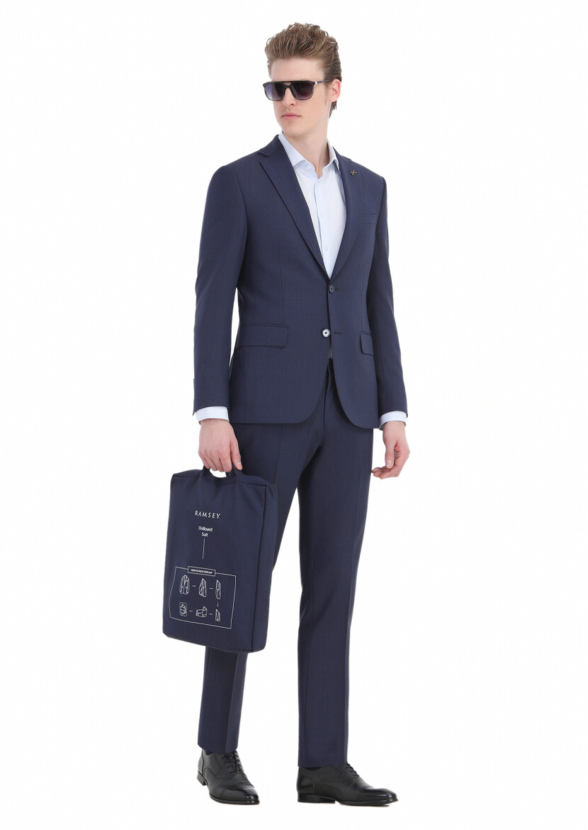 Navy Blue Striped Modern Fit Wool Blended Suit - 5