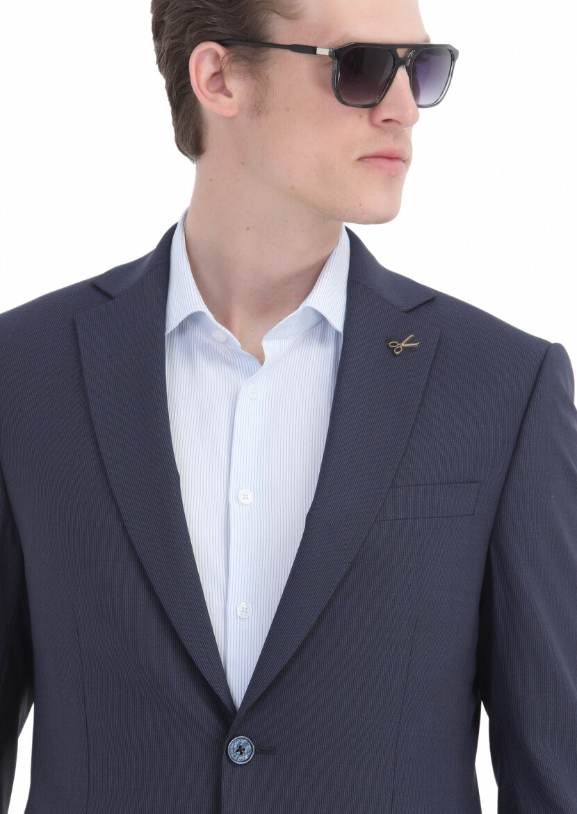 Navy Blue Striped Modern Fit Wool Blended Suit - 6