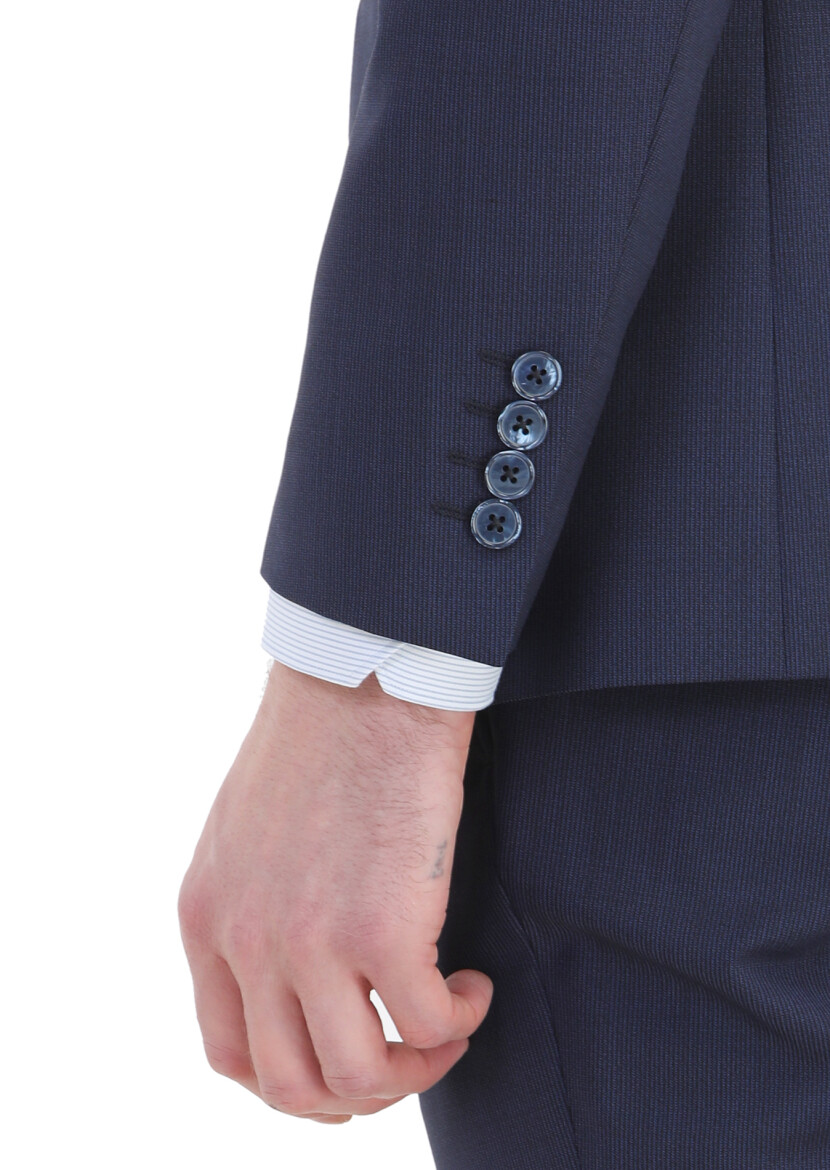 Navy Blue Striped Modern Fit Wool Blended Suit - 8