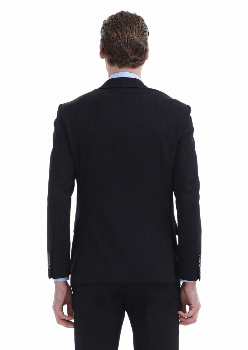 Navy Blue Striped Modern Fit Wool Blended Suit - 4