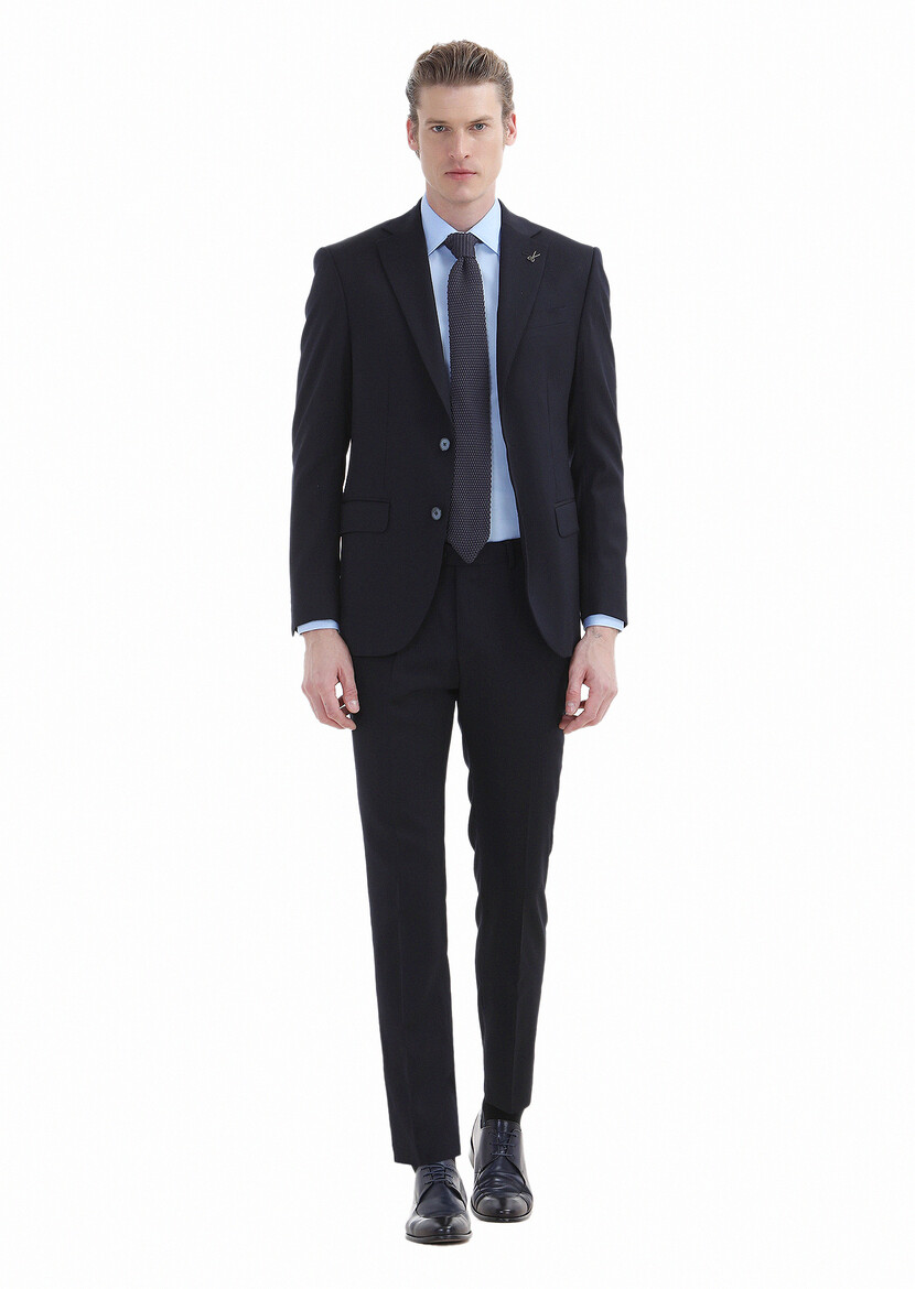 Navy Blue Striped Modern Fit Wool Blended Suit - 1