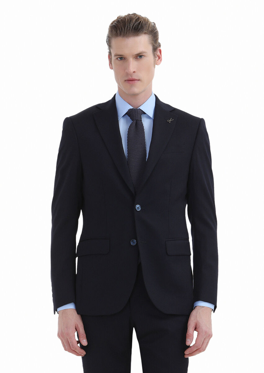 Navy Blue Striped Modern Fit Wool Blended Suit - 2