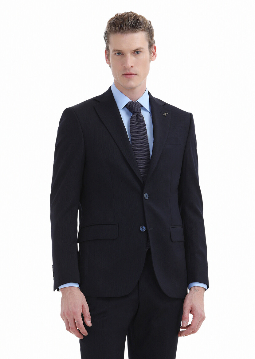 Navy Blue Striped Modern Fit Wool Blended Suit - 4