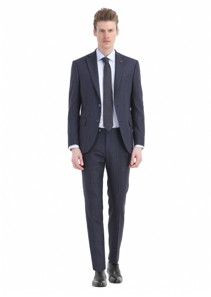 Navy Blue Striped Modern Fit Wool Blended Suit - RAMSEY