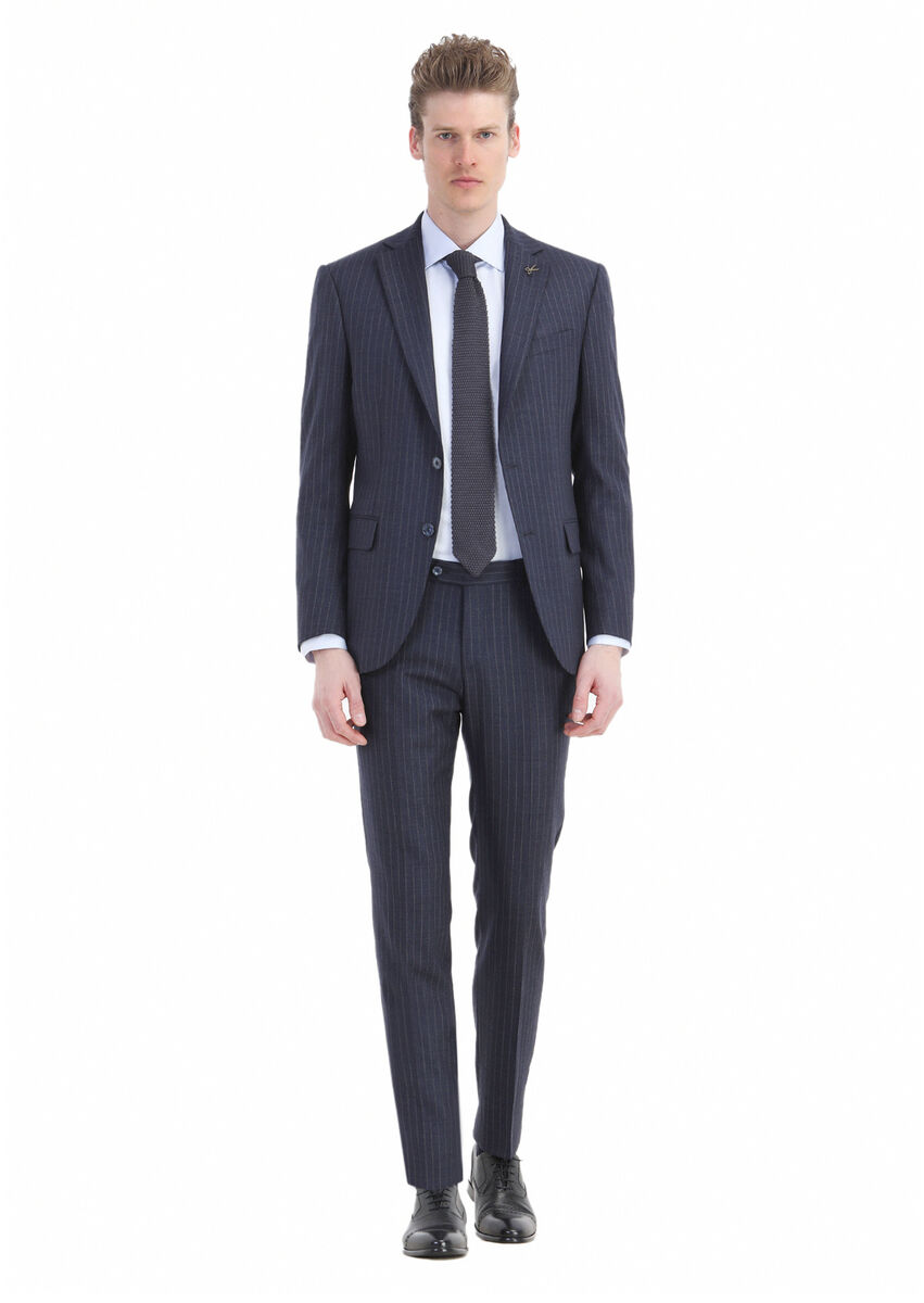 Navy Blue Striped Modern Fit Wool Blended Suit - 1