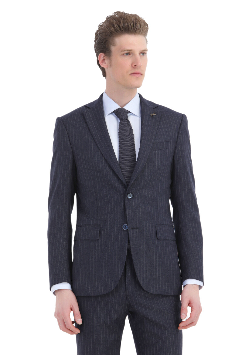 Navy Blue Striped Modern Fit Wool Blended Suit - 2