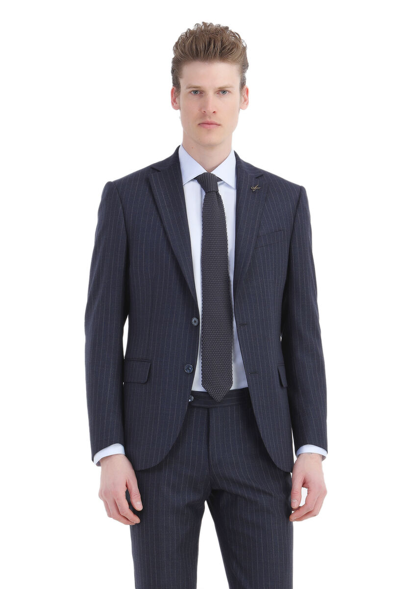 Navy Blue Striped Modern Fit Wool Blended Suit - 3